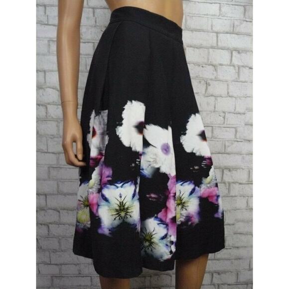$160 Free People Black Purple Watercolor Floral Pleated Midi Skirt 10 NEW - Picture 3 of 10